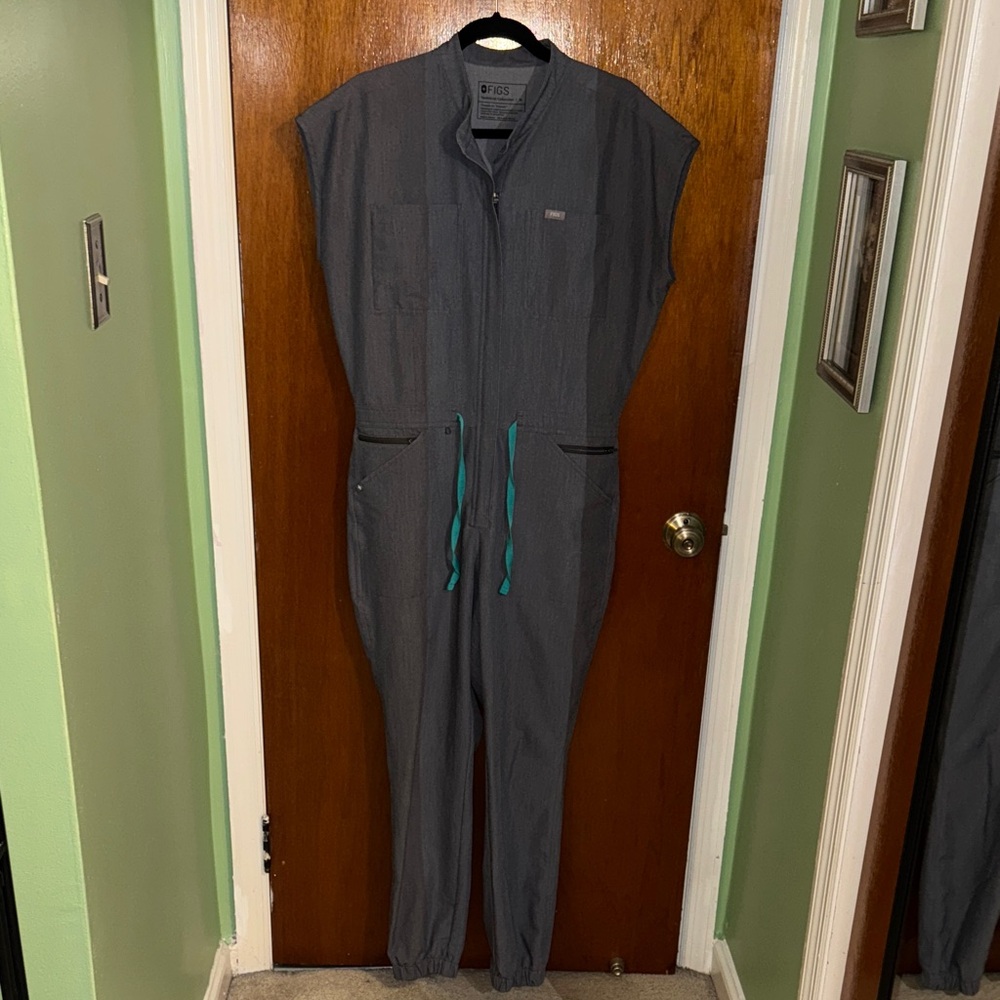 Figs Gray Jumpsuit with Teal Accents